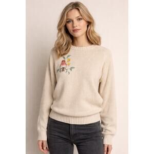 Vintage Lands’ End Cotton Sweater Bird Embroidered Cream Knit Grannycore Small